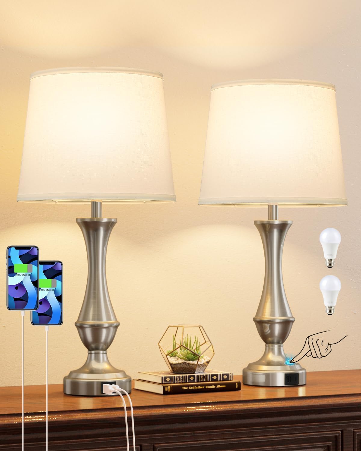 Seealle Upgraded Touch Lamps for Night Stands Set of 2 - Bedside Lamps with USB C+A, 3 Way Dimmable for Bedroom Living Room End Tables Office