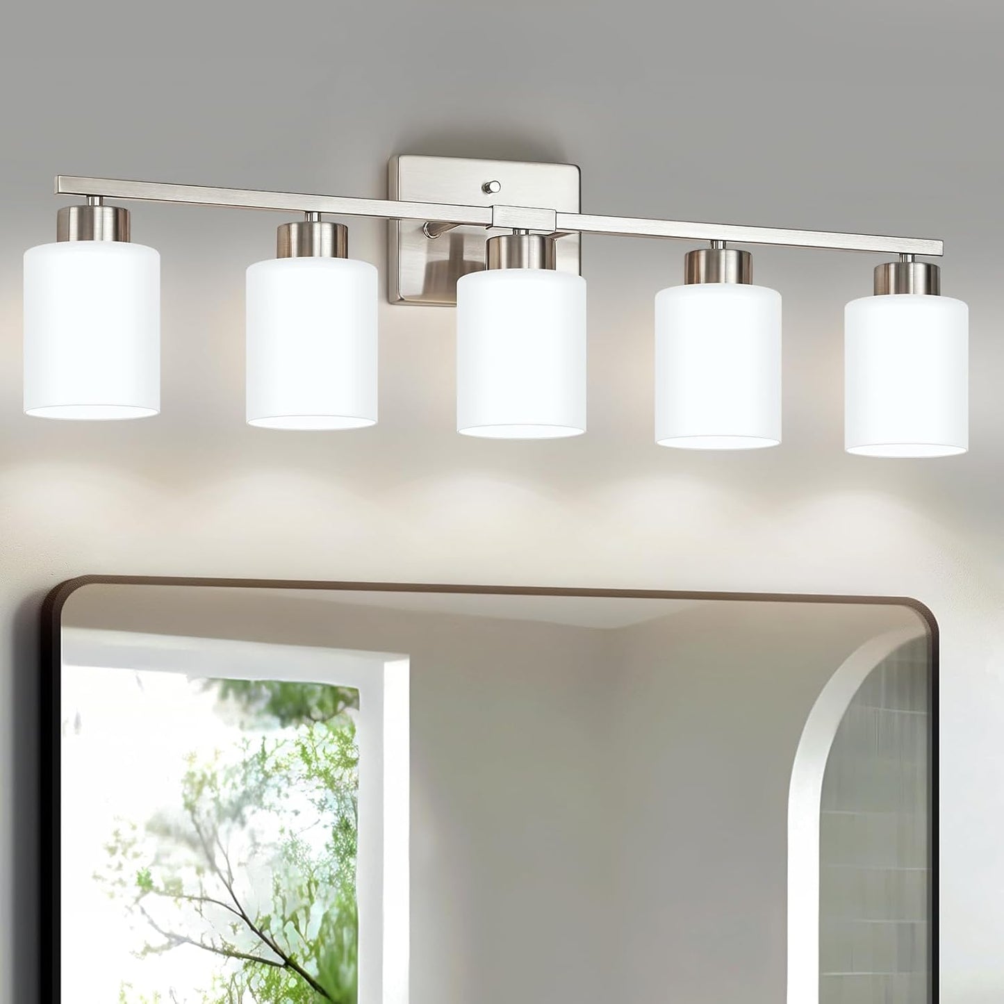 Brushed Nickel Bathroom Light Fixtures, 3-Light Modern Vanity Light Over Mirror, Wall Sconces with Milky White Frosted Glass Shades, E26 Socket (Bulbs Not Included)