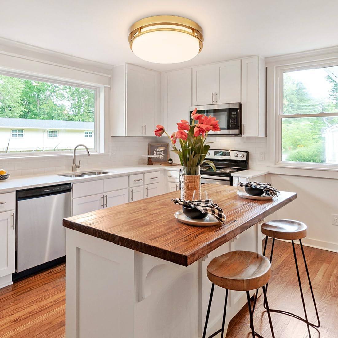 2Pack LED Flush Mount Ceiling Light Fixture 13" 20W, 3000/4000/5000K Color Selectable, Dimmable Ceiling Lamp for Kitchen, Hallway, Stairwell, Gold, ETL