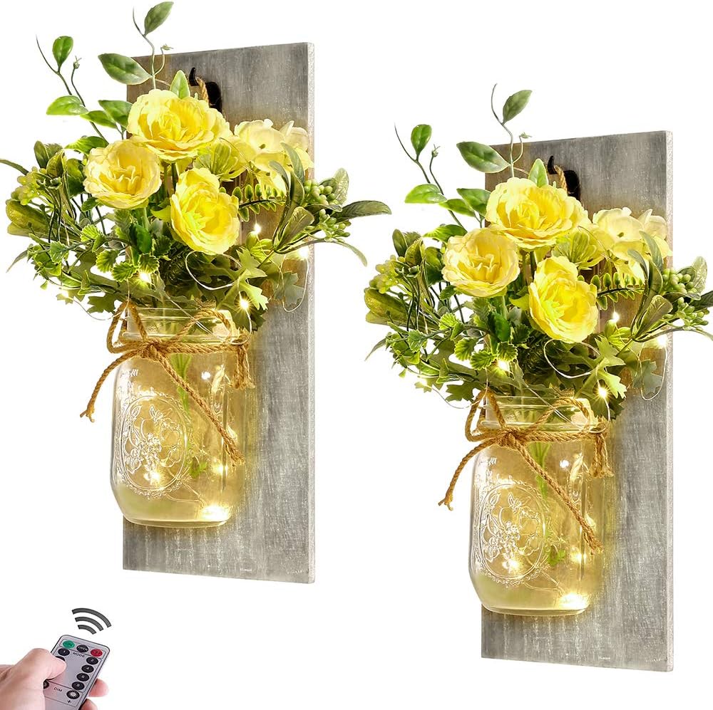 Wall Decor Mason Jar Sconces - Home Decor Wall Art Hanging Design with Remote Control LED Fairy Lights and White Rose, Farmhouse Wall Decorations for Bedroom Living Room Lights Set of Two