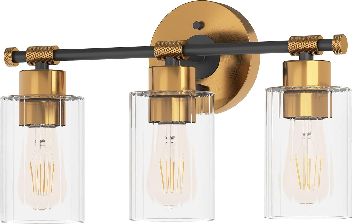 Inlight 23" Wide 4-Light Brass Gold Bathroom Vanity Light, Modern Black Bath Lighting, Clear Ribbed Glass Shade Wall Sconce, Bulb Not Included, IN-0445-4-GD