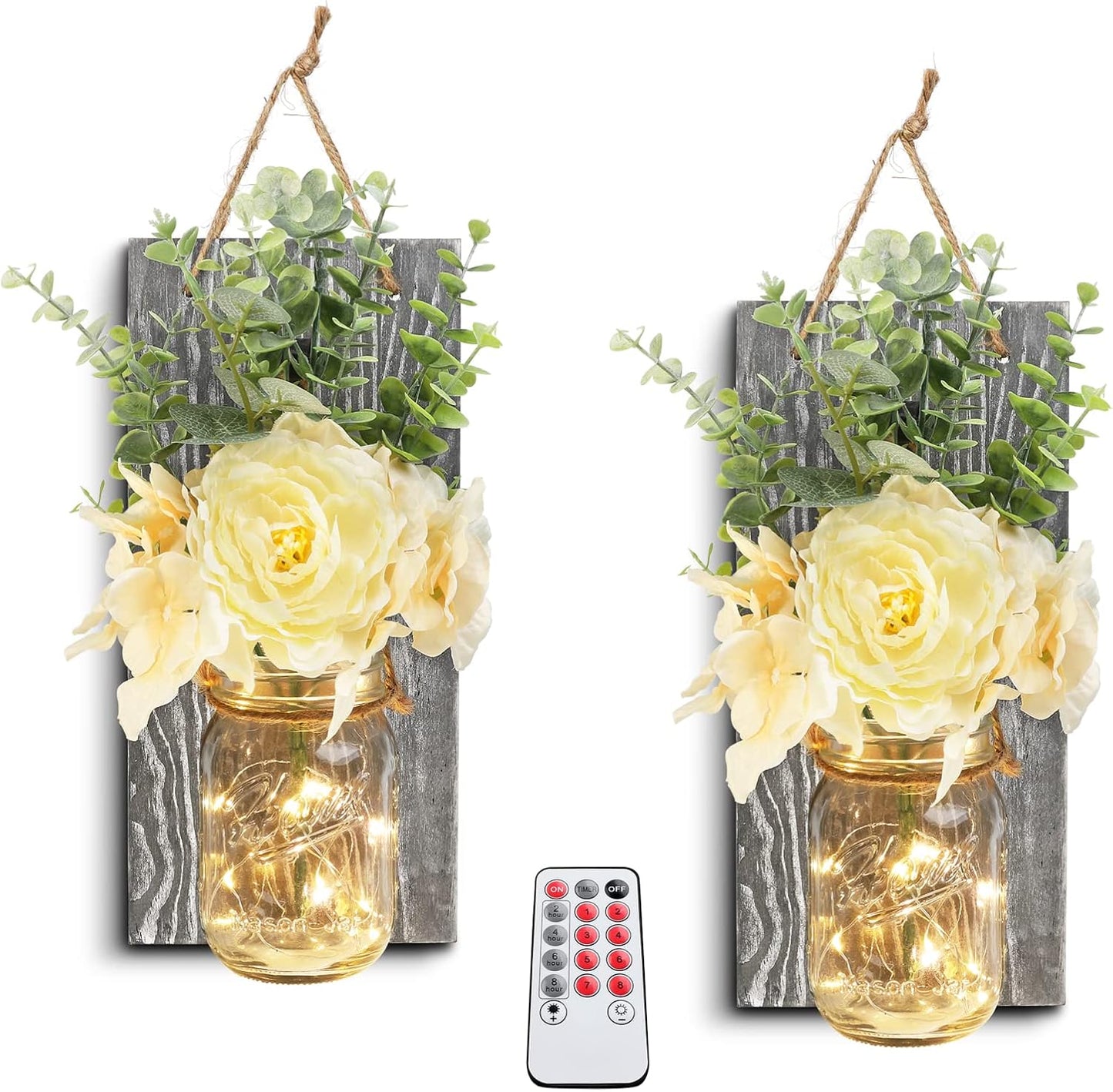 HOMKO Rustic Wall Decor, Mason Jars Wall Sconces, with Remote Control LED Lights and Flowers, Hanging Rural Farmhouse Kitchen Bathroom Bedroom Living Room Home Decor (Set of 2) -Rustic Brown
