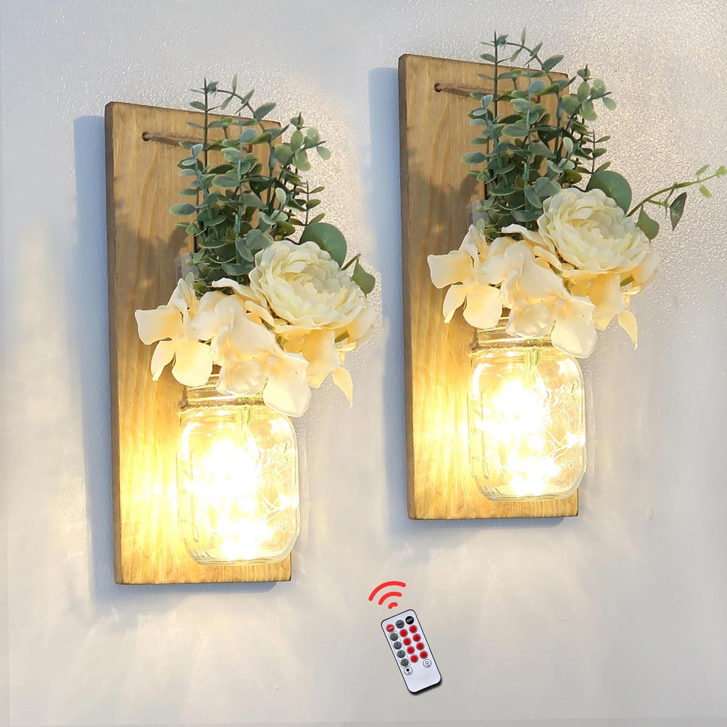 Besuerte Farmhouse Wall Decor for Living Room Rustic Mason Jar Wall Sconces Set of 2 for Home Living Room Bedroom Decorations with Rose Bouquet Flowers and Remote LED Fairy Lights (Large Jacobean)