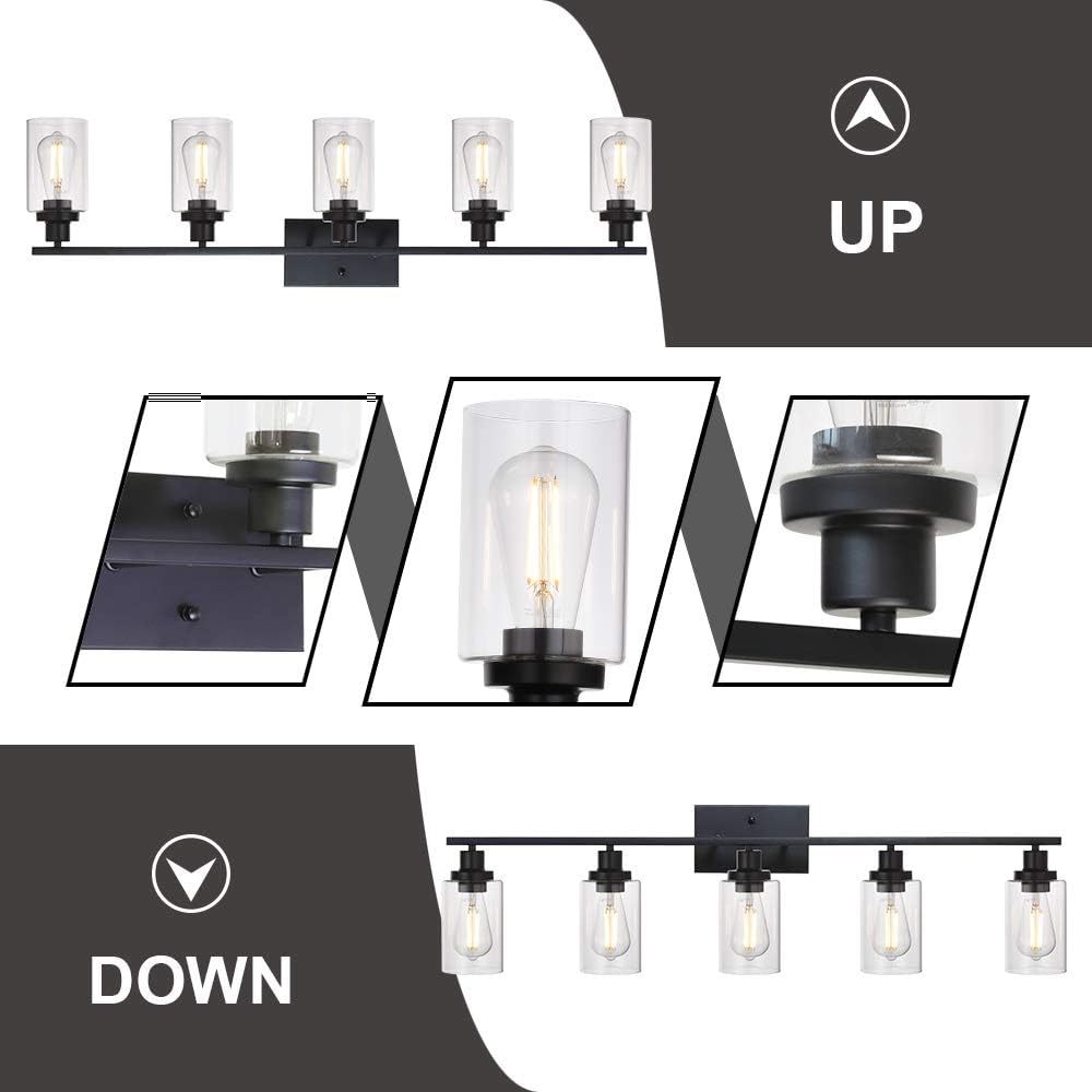 MELUCEE 40 Inches Length 5-Light Bathroom Vanity Light Fixtures Black Industrial Wall Sconce Lighting with Clear Glass Shade for Living Room Bedroom Hallway Kitchen (Patent No.: US D963914 S)