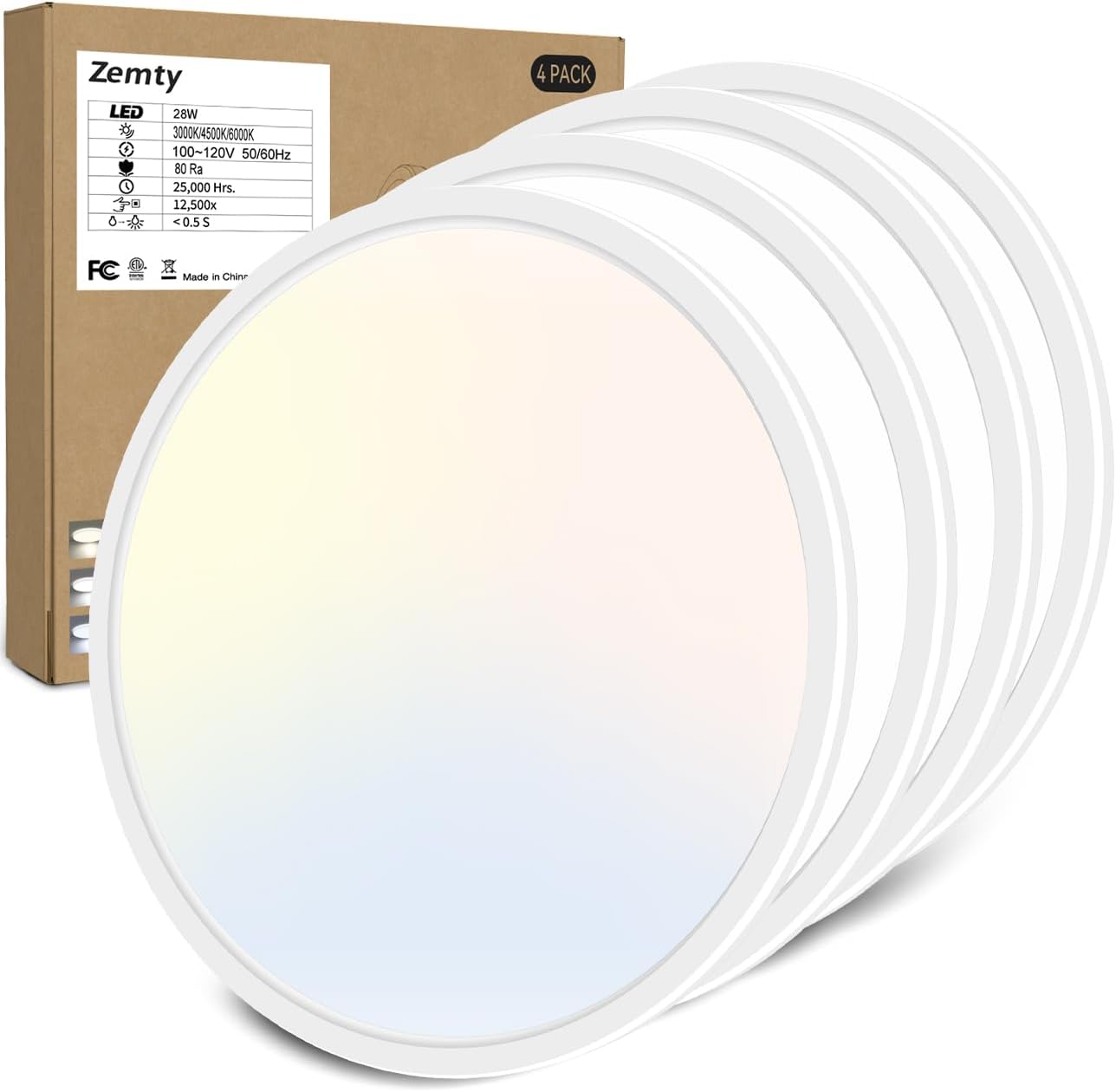 zemty 6Pack 12 Inch LED Flush Mount Ceiling Light, Super Slim 28W 3200lm LED Ceiling Light, 3 Color Temperature in One 3000k/4500k/6000K Round Light Fixture for Bedroom, Kitchen, Dining Room (White)