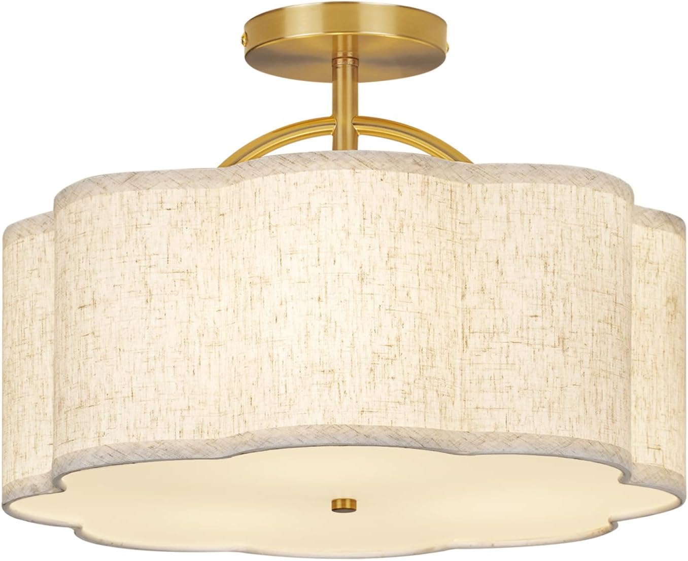 16" Double Drum Gold 3-Light Semi Flush Mount Ceiling Light, Classic Fabric Linen Shade Design for Living Room, Bedroom, Kitchen, Dining Room, Hallway and Entryway