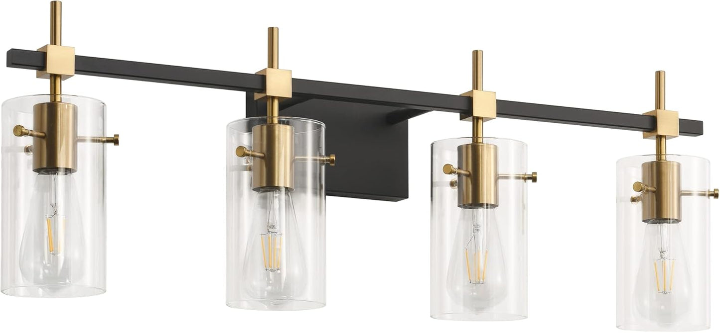 SOLFART Vintage Vanity Lights Bathroom Light Fixture Over Mirror for Bath Glass Shade Light Black and Brass Modern Style 3 Lights