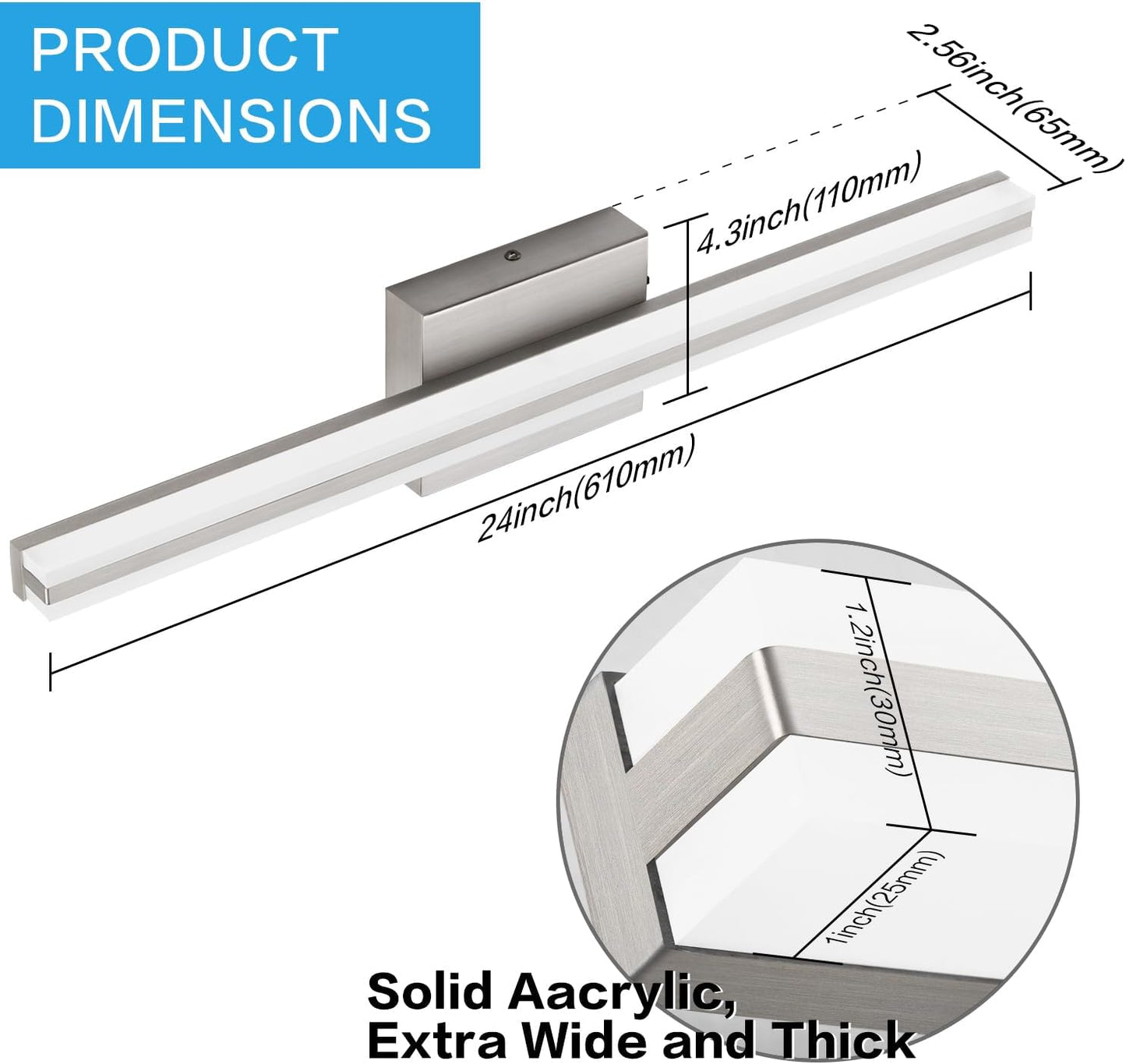 SOLFART Bathroom Light Fixtures Over Mirror 24 Inch Brushed Nickel Modern Vanity Light 5CCT Adjustable Brightness LED Mirror Light Fixture Anti-Glare Lighting Wide Illumination