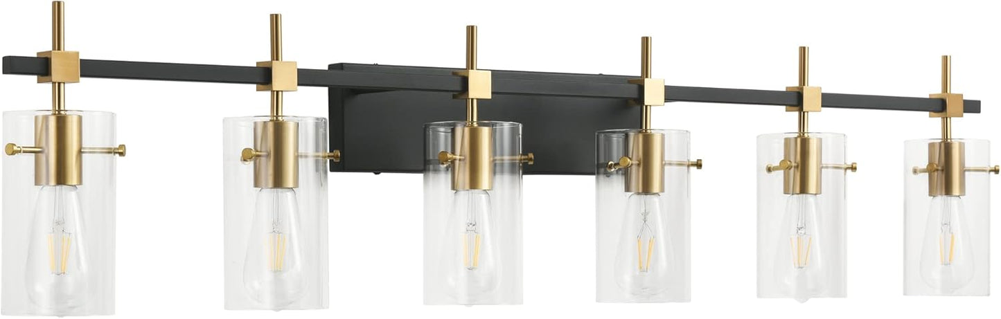 SOLFART Vintage Vanity Lights Bathroom Light Fixture Over Mirror for Bath Glass Shade Light Black and Brass Modern Style 3 Lights