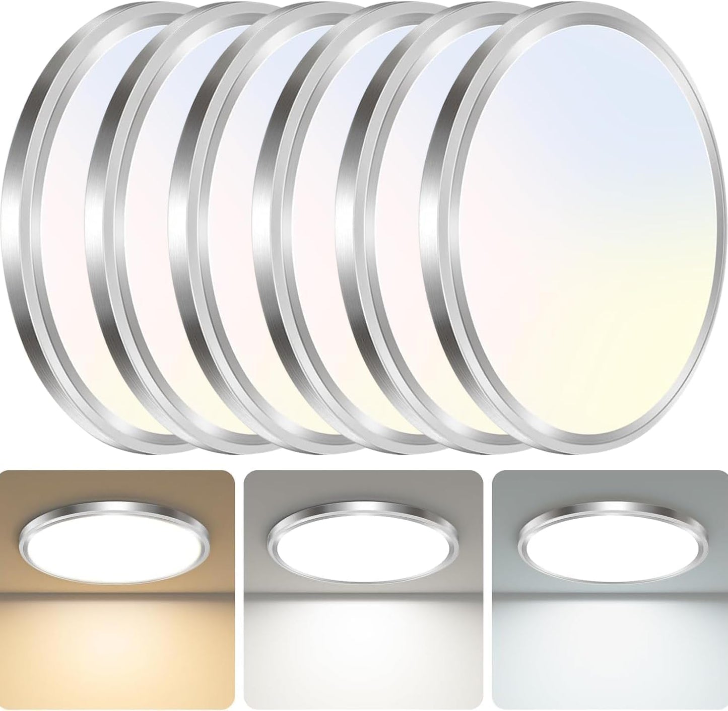 zemty 6Pack 12 Inch LED Flush Mount Ceiling Light, Super Slim 28W 3200lm LED Ceiling Light, 3 Color Temperature in One 3000k/4500k/6000K Round Light Fixture for Bedroom, Kitchen, Dining Room (White)