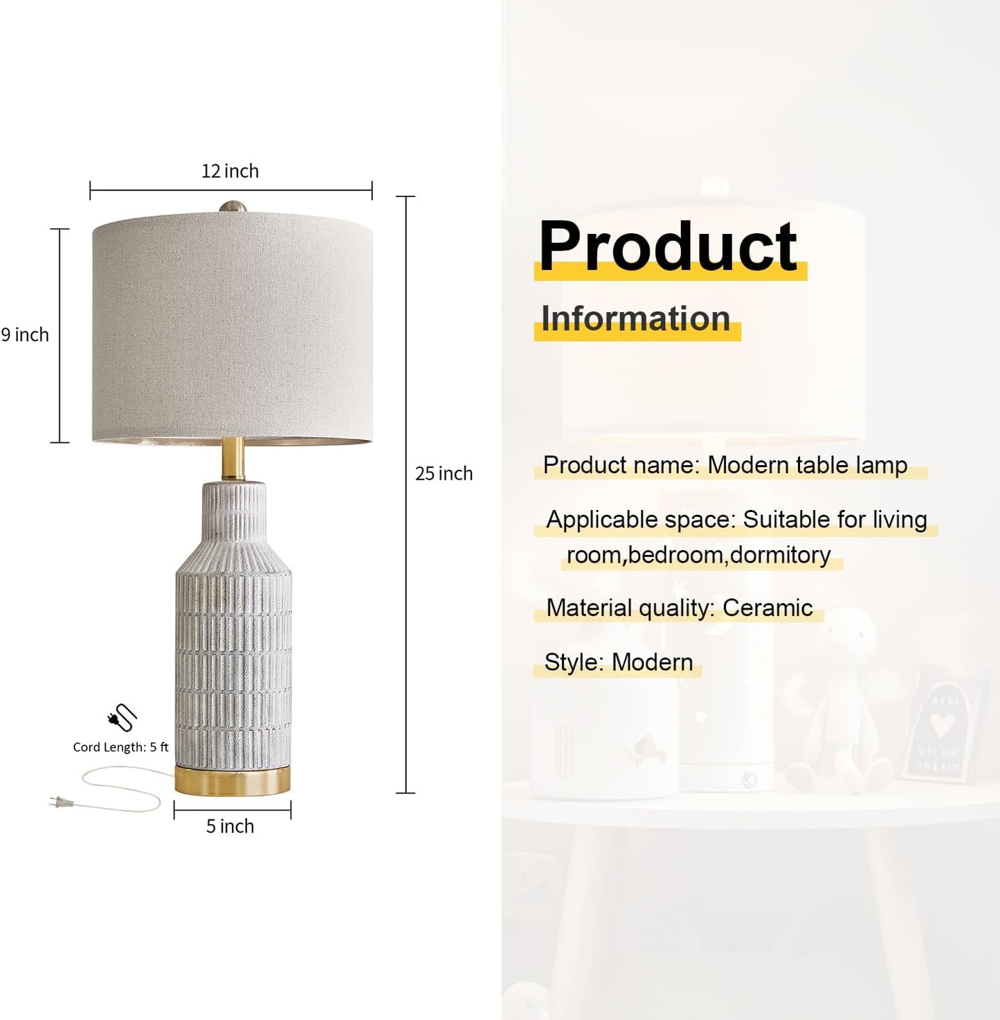 25" Table Lamps Set of 2 - Modern Bedside Lamps for Living Room - White Washed Ceramic Nightstand Lamps for Bedroom