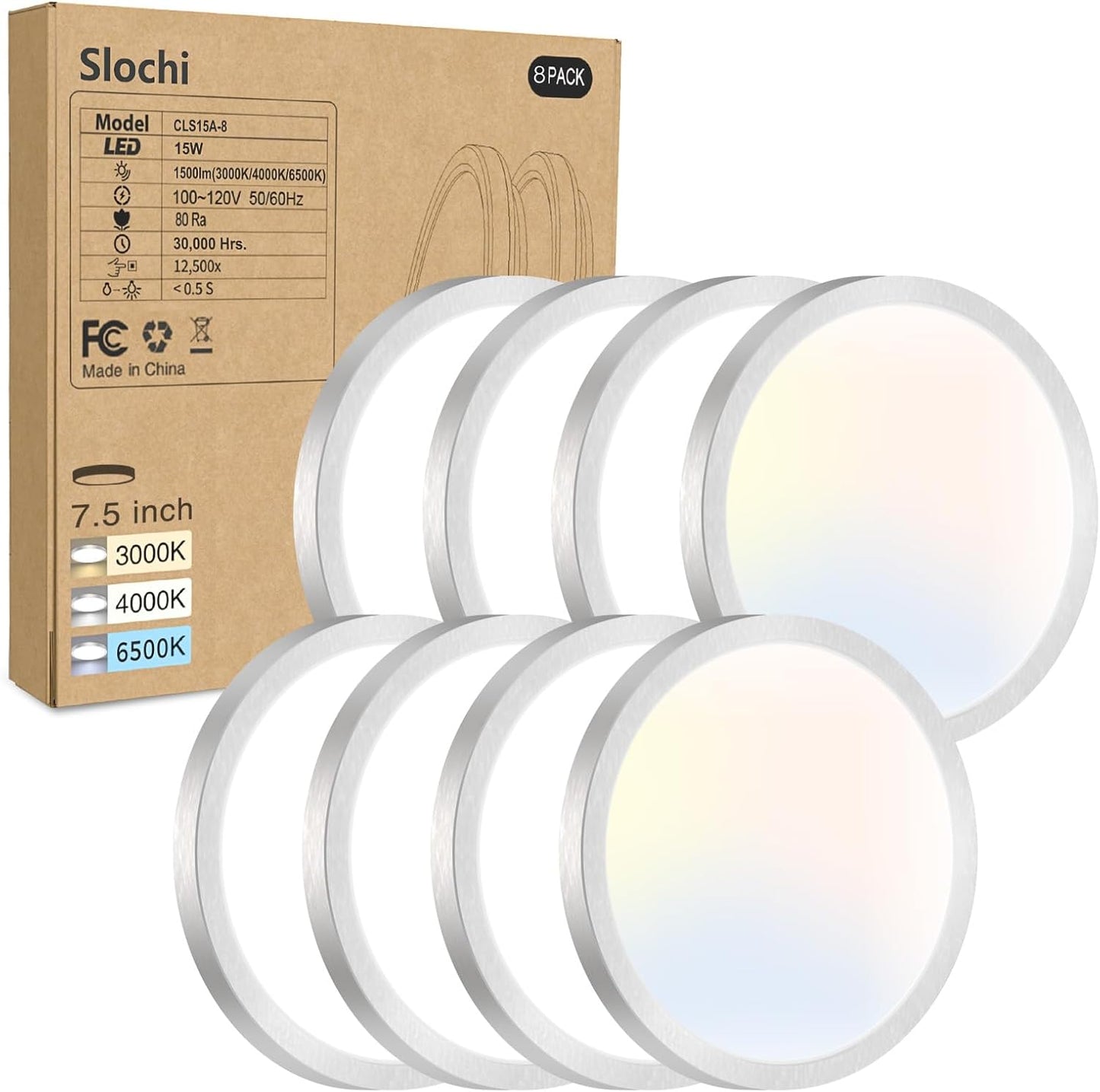 8PACK LED Flush Mount Ceiling Light Fixture, 3000K-4000K-6500K & 100W Equivalent Modern Kitchen Recessed Ceiling Lamp 15W 1500Lm 7.5 Inch Closet Round Surface for Bathroom Laundry Bedroom Hallway