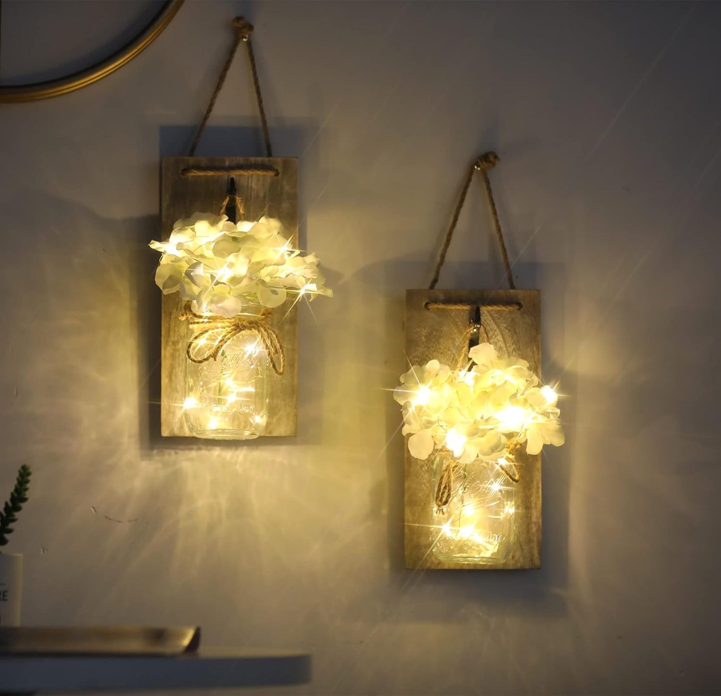 Lightess Mason Jar Wall Lights with Remote Control, Rustic Bedroom Wall Decor, Hanging Battery Powered Jar Sconce with LED Fairy Lights for Farmhouse Decor, SYA11 (Set of 2)