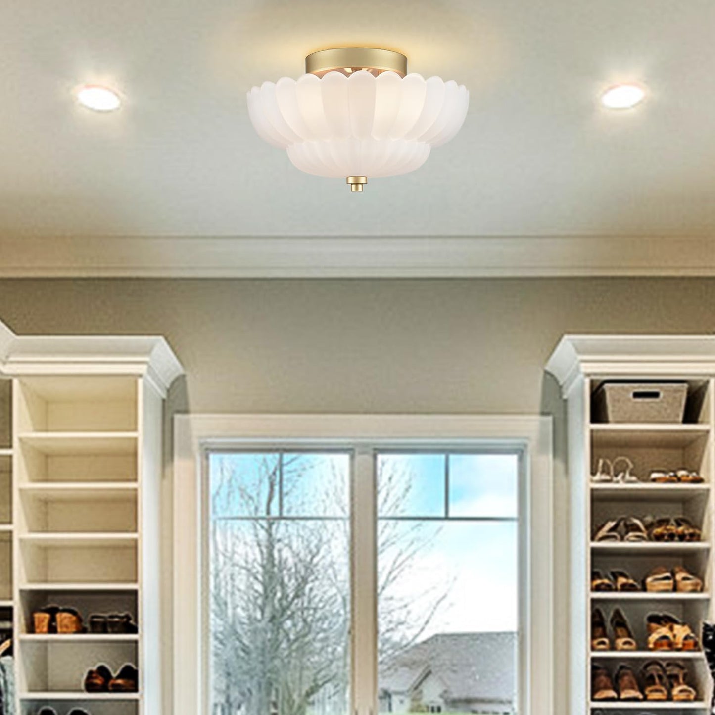 HYDELITE Gold Flush Mount Ceiling Light Fixture Modern Semi Flush Mount Ceiling Light Vinatge Close to Ceiling for Bathroom Bedroom Entryway Kitchen Scalloped Frosted Milk Glass