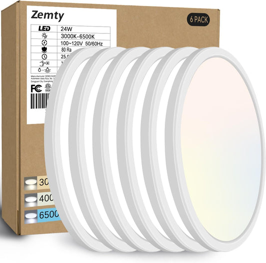 zemty 6Pack 12 Inch LED Flush Mount Ceiling Light, Super Slim 28W 3200lm LED Ceiling Light, 3 Color Temperature in One 3000k/4500k/6000K Round Light Fixture for Bedroom, Kitchen, Dining Room (White)