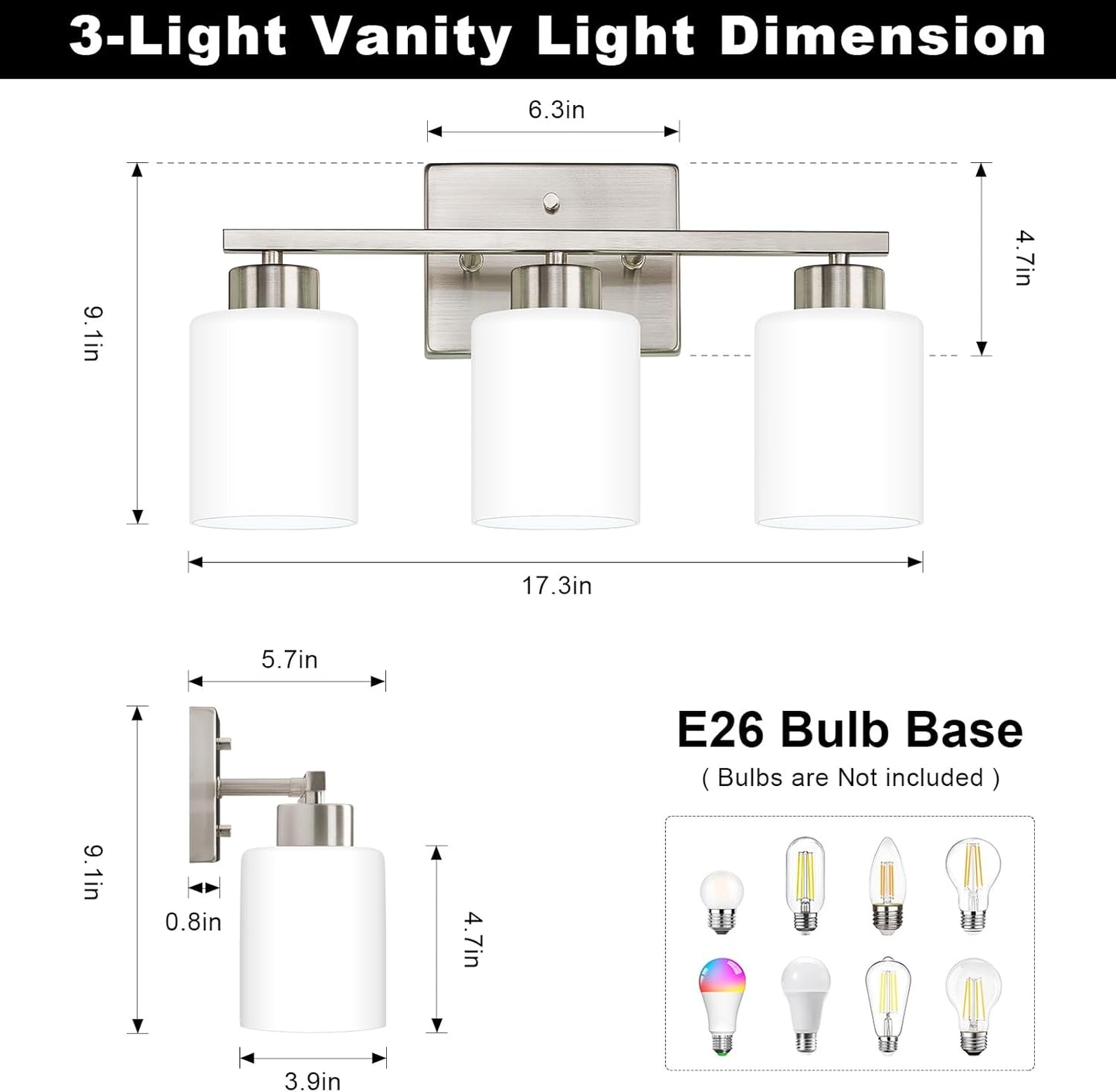 Brushed Nickel Bathroom Light Fixtures, 3-Light Modern Vanity Light Over Mirror, Wall Sconces with Milky White Frosted Glass Shades, E26 Socket (Bulbs Not Included)