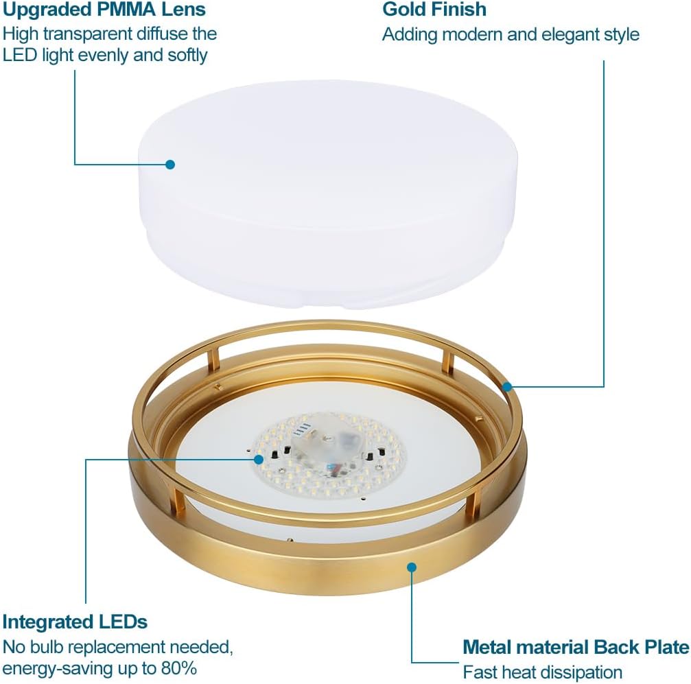 2Pack LED Flush Mount Ceiling Light Fixture 13" 20W, 3000/4000/5000K Color Selectable, Dimmable Ceiling Lamp for Kitchen, Hallway, Stairwell, Gold, ETL