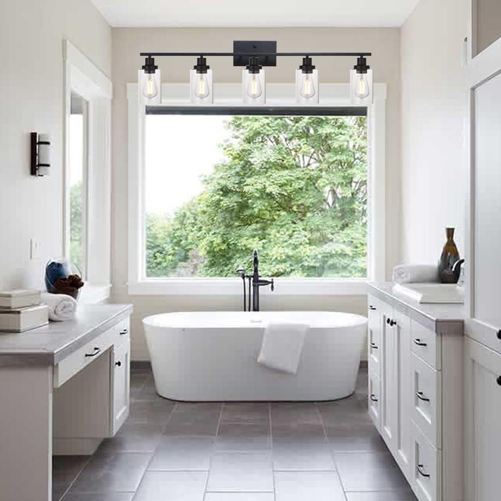 MELUCEE 40 Inches Length 5-Light Bathroom Vanity Light Fixtures Black Industrial Wall Sconce Lighting with Clear Glass Shade for Living Room Bedroom Hallway Kitchen (Patent No.: US D963914 S)