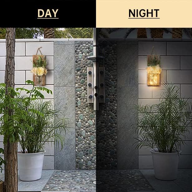 HOMKO Rustic Wall Decor, Mason Jars Wall Sconces, with Remote Control LED Lights and Flowers, Hanging Rural Farmhouse Kitchen Bathroom Bedroom Living Room Home Decor (Set of 2) -Rustic Brown