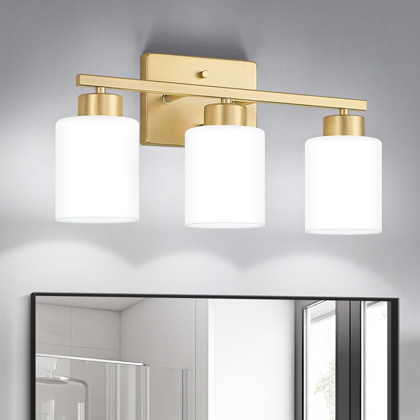 Brushed Nickel Bathroom Light Fixtures, 3-Light Modern Vanity Light Over Mirror, Wall Sconces with Milky White Frosted Glass Shades, E26 Socket (Bulbs Not Included)