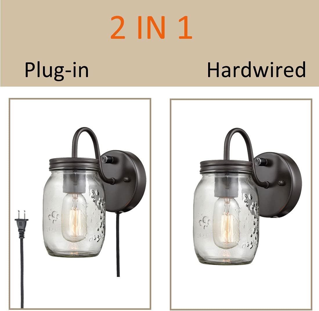 DIRYZON EUL Vintage Mason Jar Light Fixture Clear Glass 2-Pack Wall Lights Oil Rubbed Bronze
