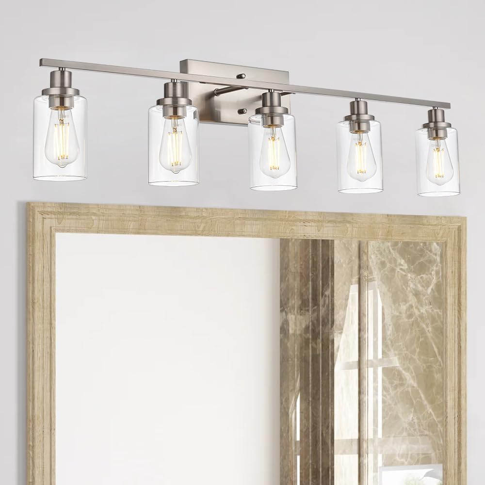 MELUCEE 40 Inches Length 5-Light Bathroom Vanity Light Fixtures Black Industrial Wall Sconce Lighting with Clear Glass Shade for Living Room Bedroom Hallway Kitchen (Patent No.: US D963914 S)