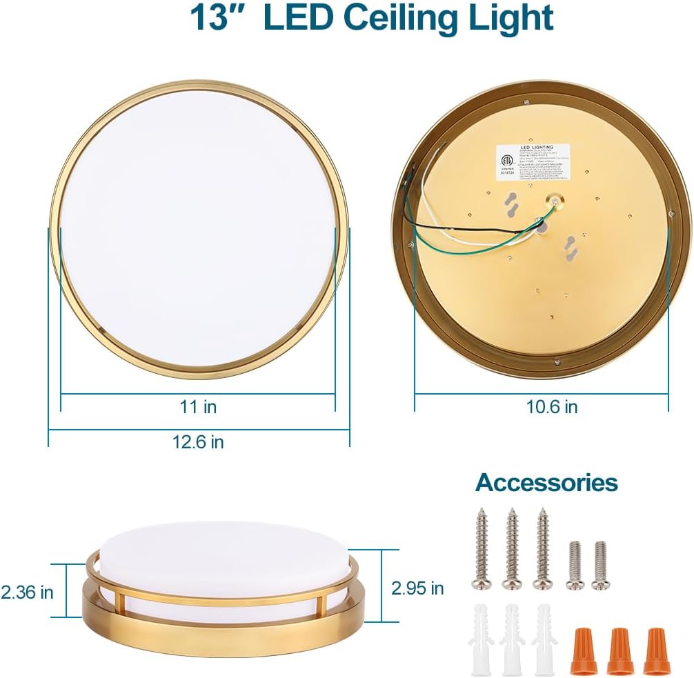 2Pack LED Flush Mount Ceiling Light Fixture 13" 20W, 3000/4000/5000K Color Selectable, Dimmable Ceiling Lamp for Kitchen, Hallway, Stairwell, Gold, ETL