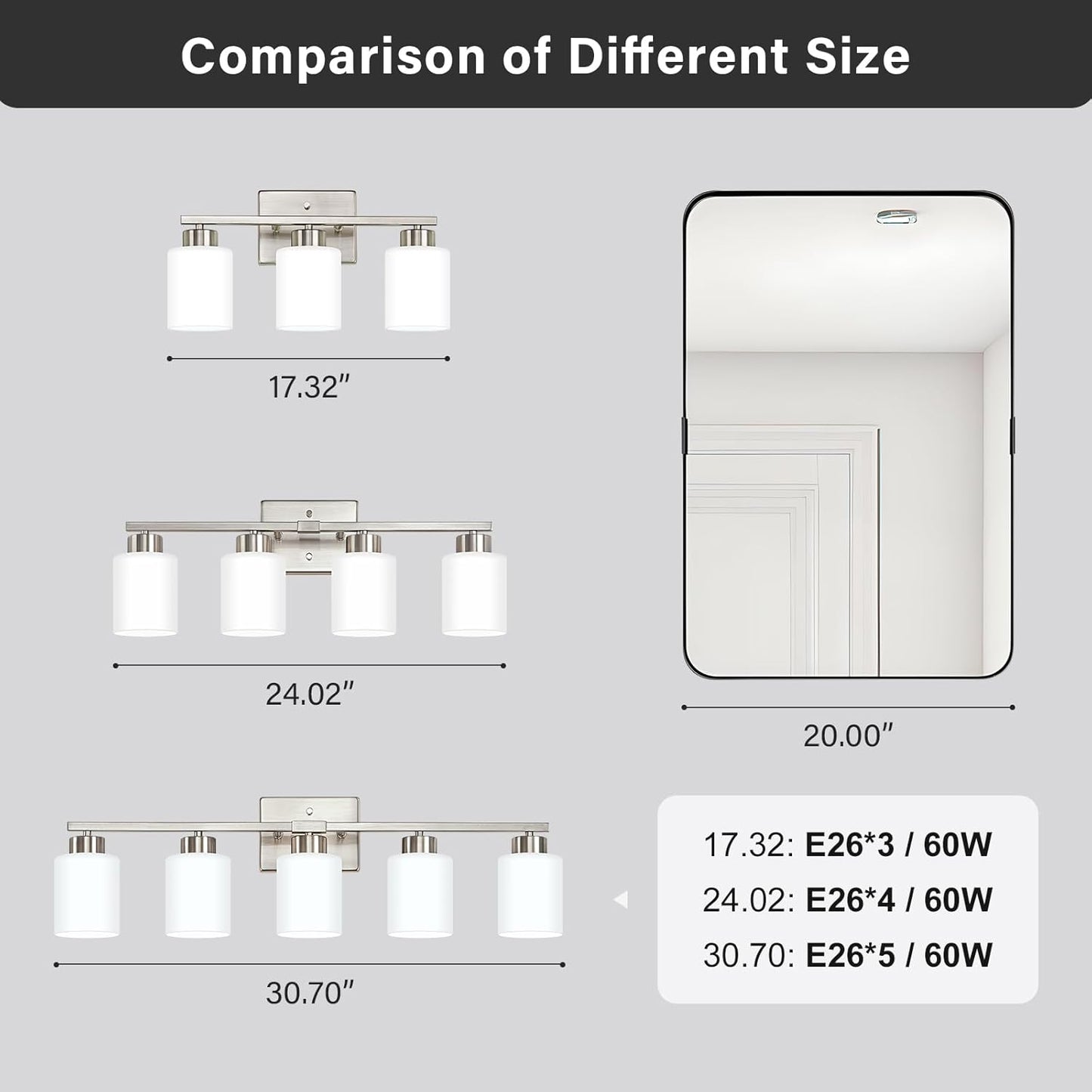 Brushed Nickel Bathroom Light Fixtures, 3-Light Modern Vanity Light Over Mirror, Wall Sconces with Milky White Frosted Glass Shades, E26 Socket (Bulbs Not Included)