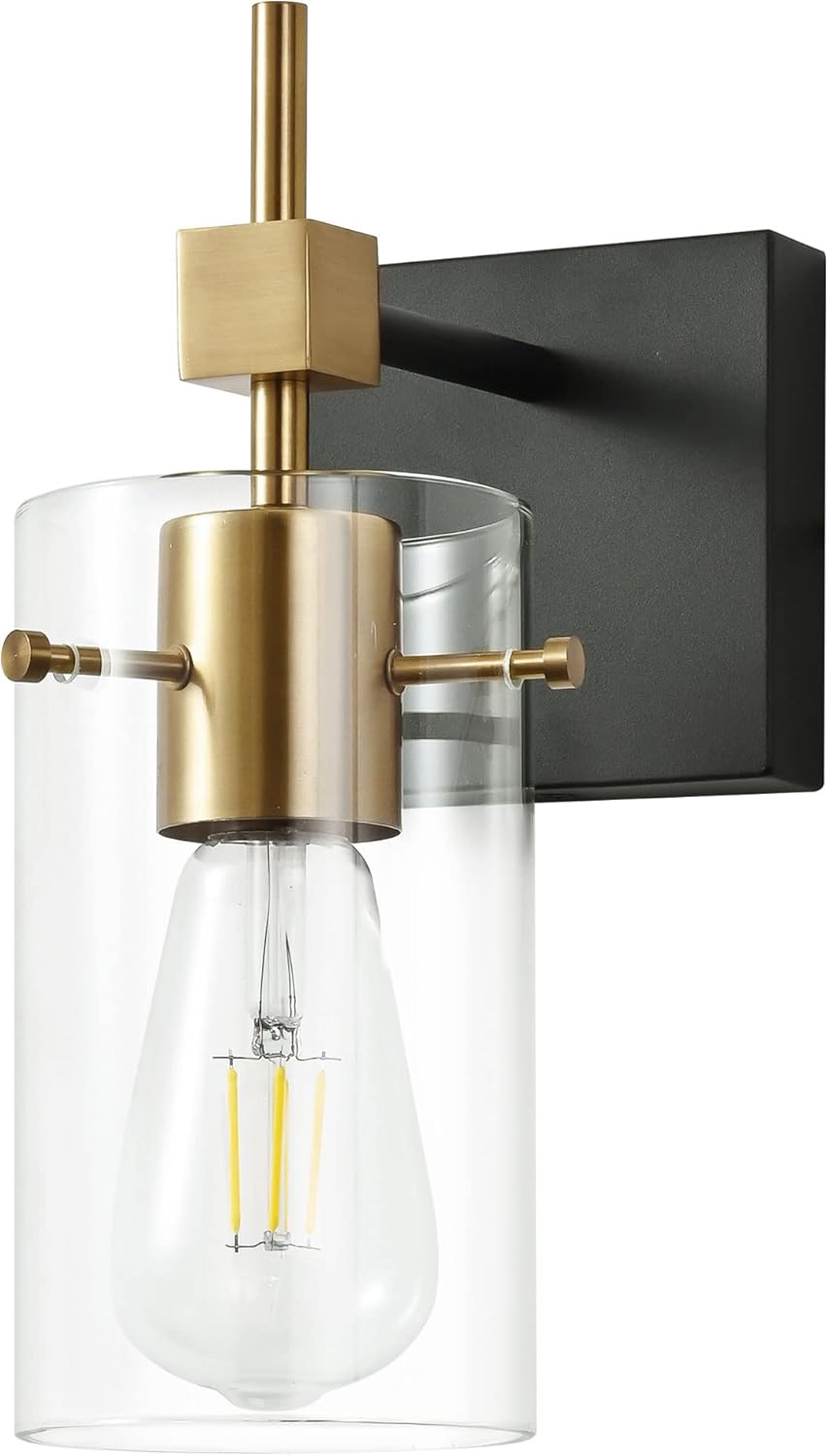 SOLFART Vintage Vanity Lights Bathroom Light Fixture Over Mirror for Bath Glass Shade Light Black and Brass Modern Style 3 Lights