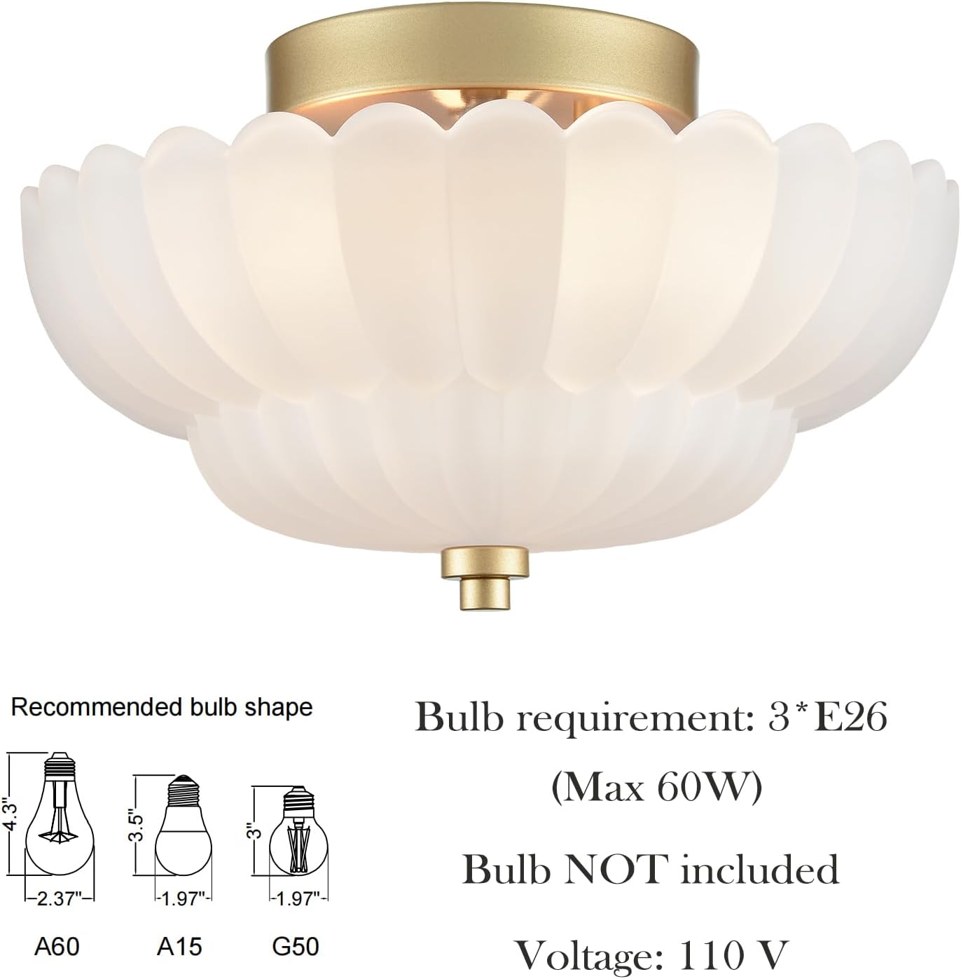 HYDELITE Gold Flush Mount Ceiling Light Fixture Modern Semi Flush Mount Ceiling Light Vinatge Close to Ceiling for Bathroom Bedroom Entryway Kitchen Scalloped Frosted Milk Glass