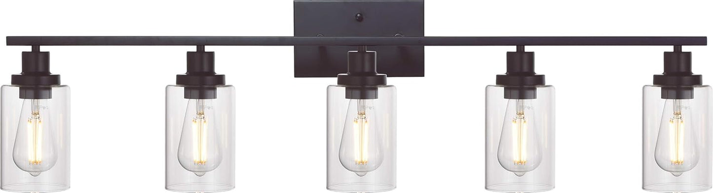 MELUCEE 40 Inches Length 5-Light Bathroom Vanity Light Fixtures Black Industrial Wall Sconce Lighting with Clear Glass Shade for Living Room Bedroom Hallway Kitchen (Patent No.: US D963914 S)