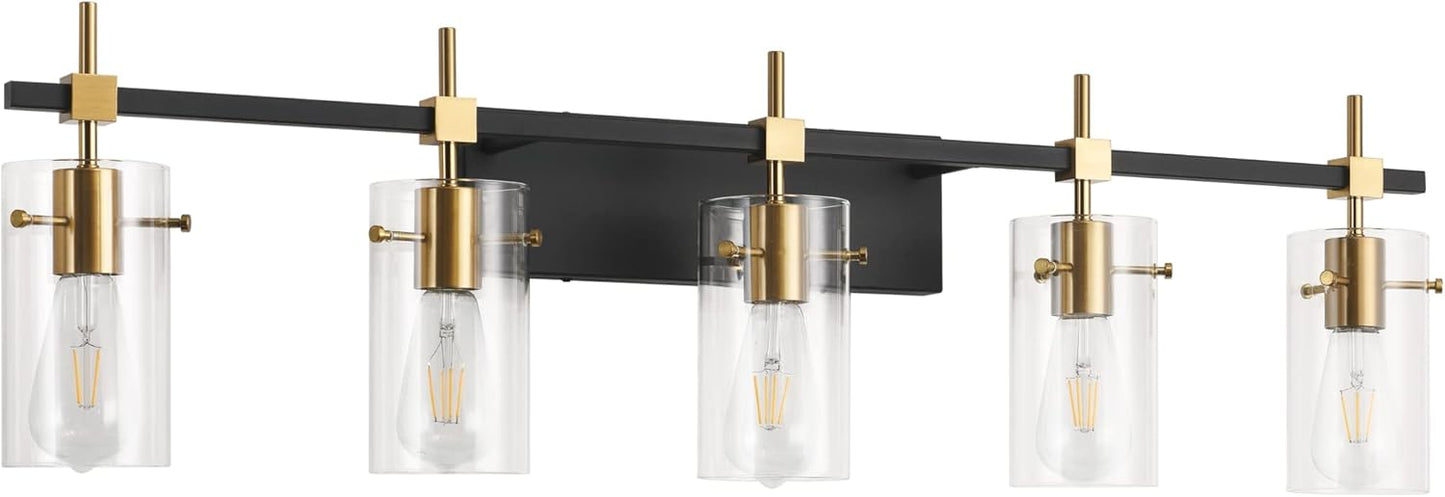 SOLFART Vintage Vanity Lights Bathroom Light Fixture Over Mirror for Bath Glass Shade Light Black and Brass Modern Style 3 Lights