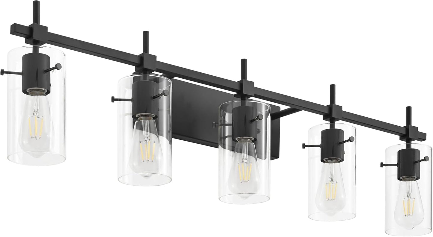 SOLFART Vintage Vanity Lights Bathroom Light Fixture Over Mirror for Bath Glass Shade Light Black and Brass Modern Style 3 Lights