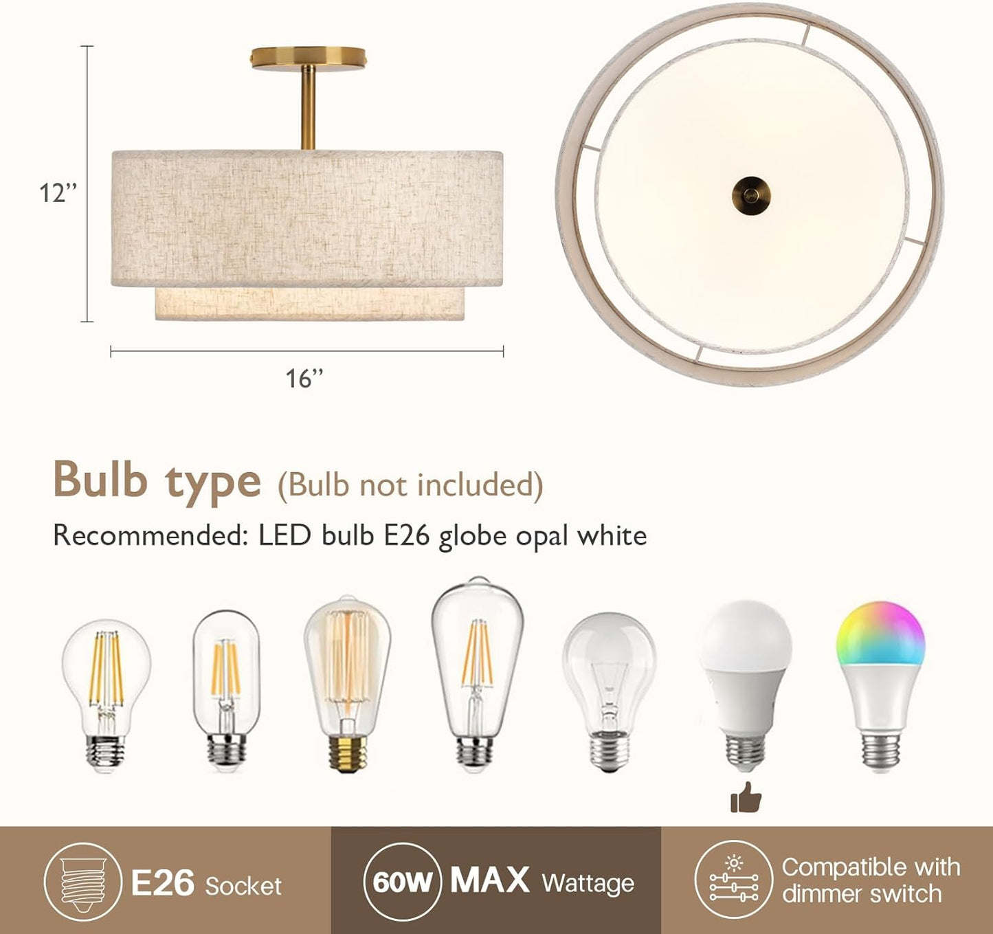 16" Double Drum Gold 3-Light Semi Flush Mount Ceiling Light, Classic Fabric Linen Shade Design for Living Room, Bedroom, Kitchen, Dining Room, Hallway and Entryway