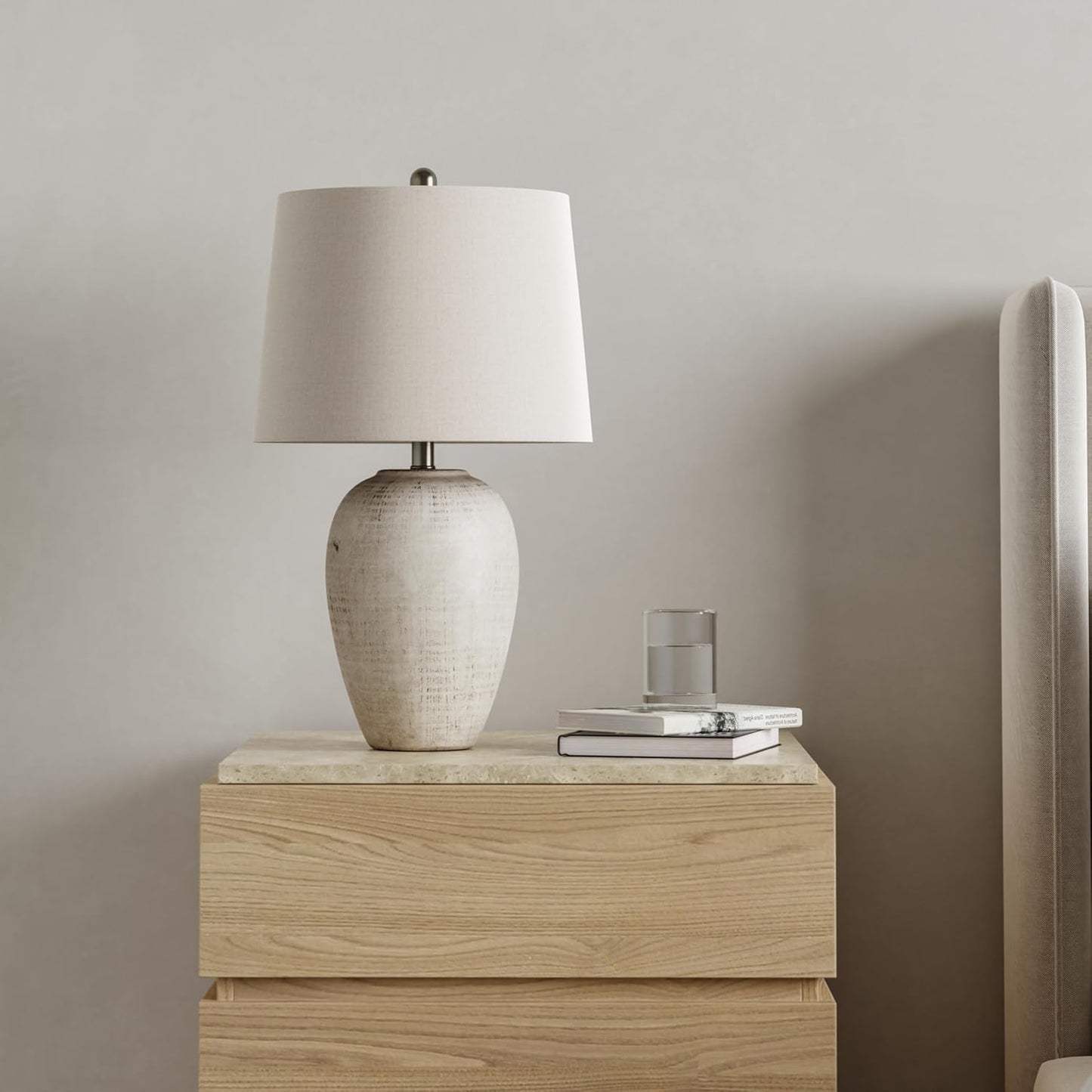 Nourison Home 23" Greyish Brown Earth Tone Rustic Farmhouse Ceramic Table Lamp for Bedroom, Living Room, Dining, Office, with Beige Linen Shade