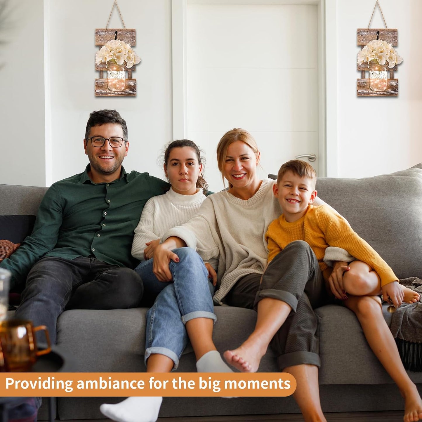 Wall Sconce Decor 2pcs, Mason Jar Wall Sconce Farmhouse Home Decor with 9.8FT LED Fairy Lights 4Flowers, Modern Art Living Room Bedroom Bathroom Decorative Hanging Yellow