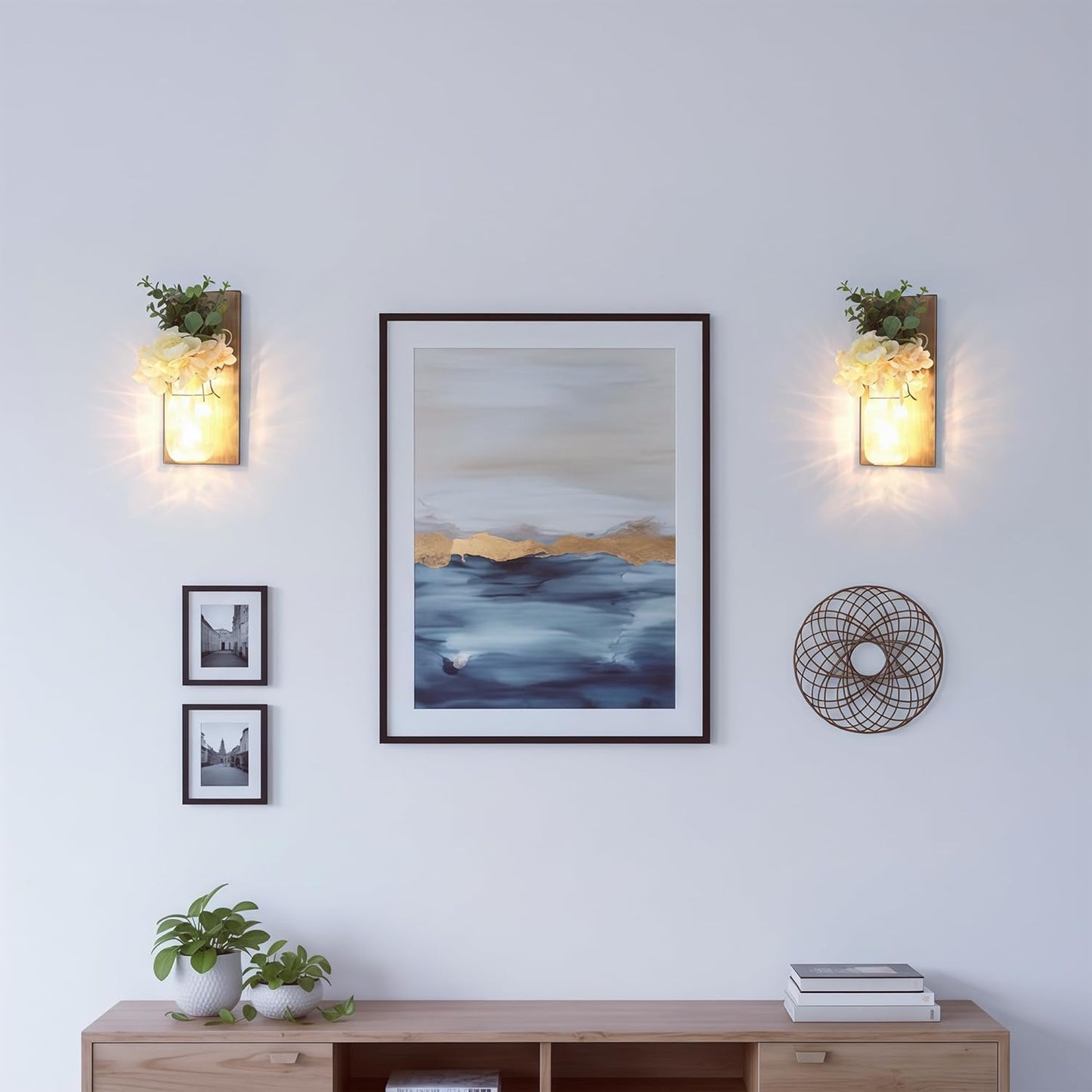 Besuerte Farmhouse Wall Decor for Living Room Rustic Mason Jar Wall Sconces Set of 2 for Home Living Room Bedroom Decorations with Rose Bouquet Flowers and Remote LED Fairy Lights (Large Jacobean)