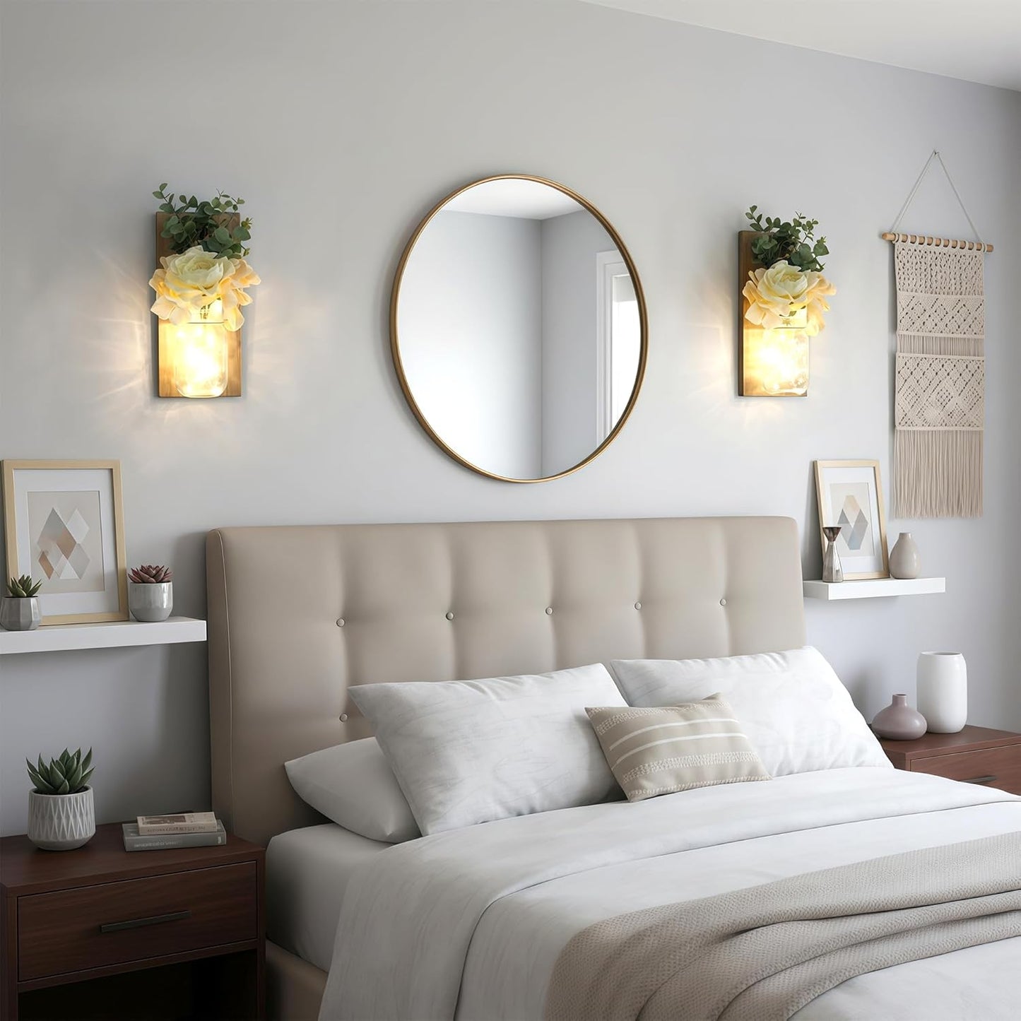 Besuerte Farmhouse Wall Decor for Living Room Rustic Mason Jar Wall Sconces Set of 2 for Home Living Room Bedroom Decorations with Rose Bouquet Flowers and Remote LED Fairy Lights (Large Jacobean)