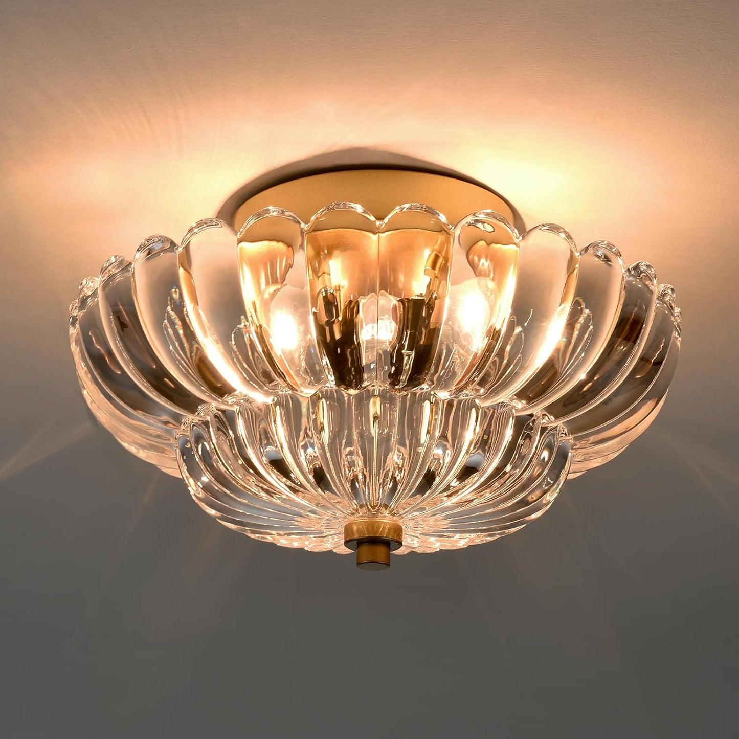 HYDELITE Gold Flush Mount Ceiling Light Fixture Modern Semi Flush Mount Ceiling Light Vinatge Close to Ceiling for Bathroom Bedroom Entryway Kitchen Scalloped Frosted Milk Glass