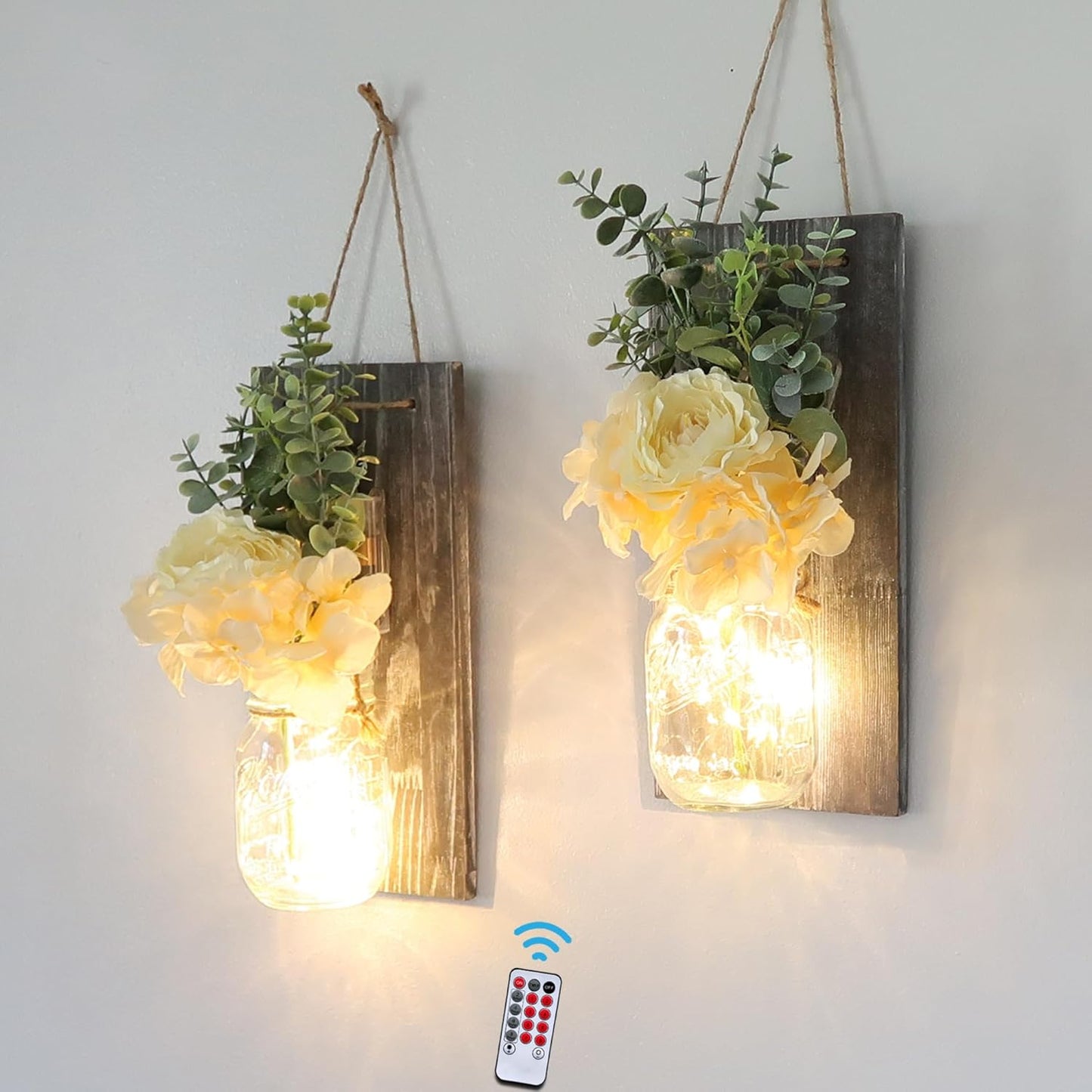 Besuerte Farmhouse Wall Decor for Living Room Rustic Mason Jar Wall Sconces Set of 2 for Home Living Room Bedroom Decorations with Rose Bouquet Flowers and Remote LED Fairy Lights (Large Jacobean)