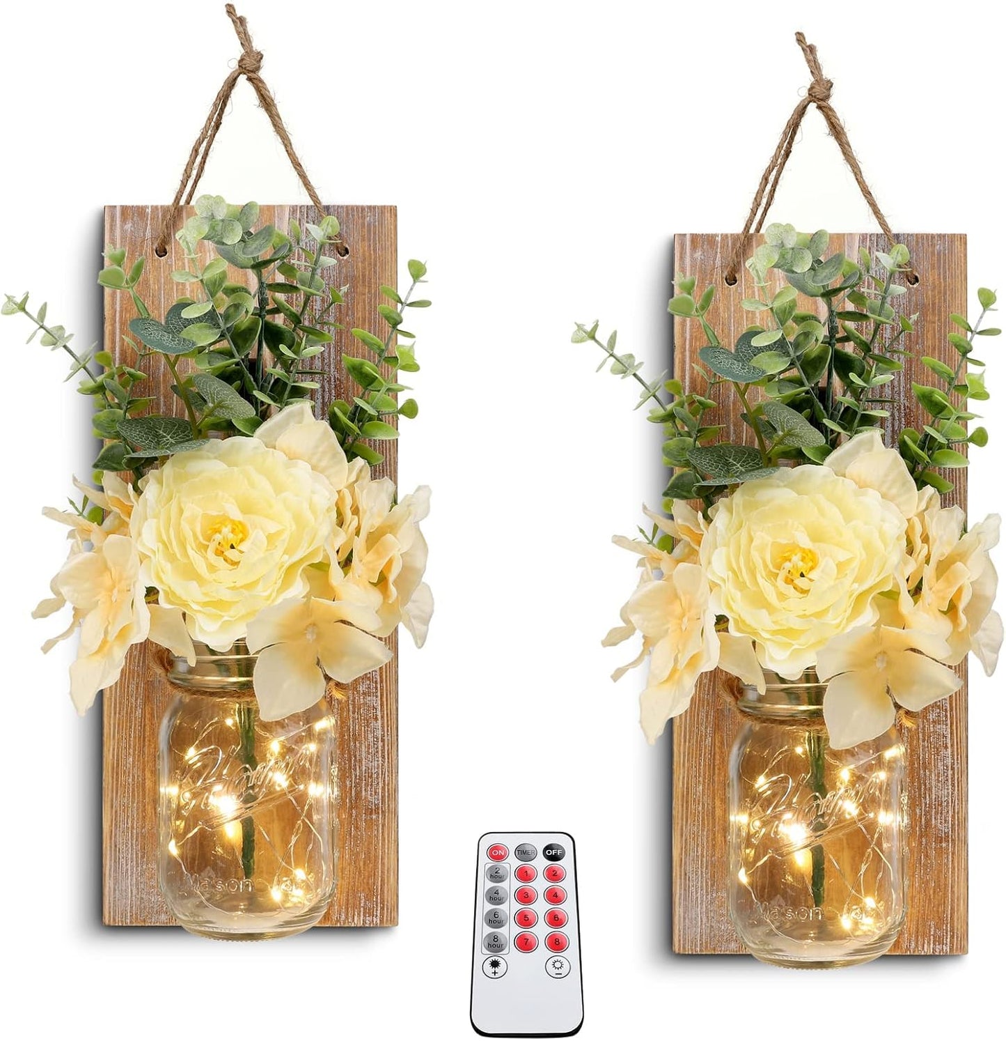 HOMKO Rustic Wall Decor, Mason Jars Wall Sconces, with Remote Control LED Lights and Flowers, Hanging Rural Farmhouse Kitchen Bathroom Bedroom Living Room Home Decor (Set of 2) -Rustic Brown