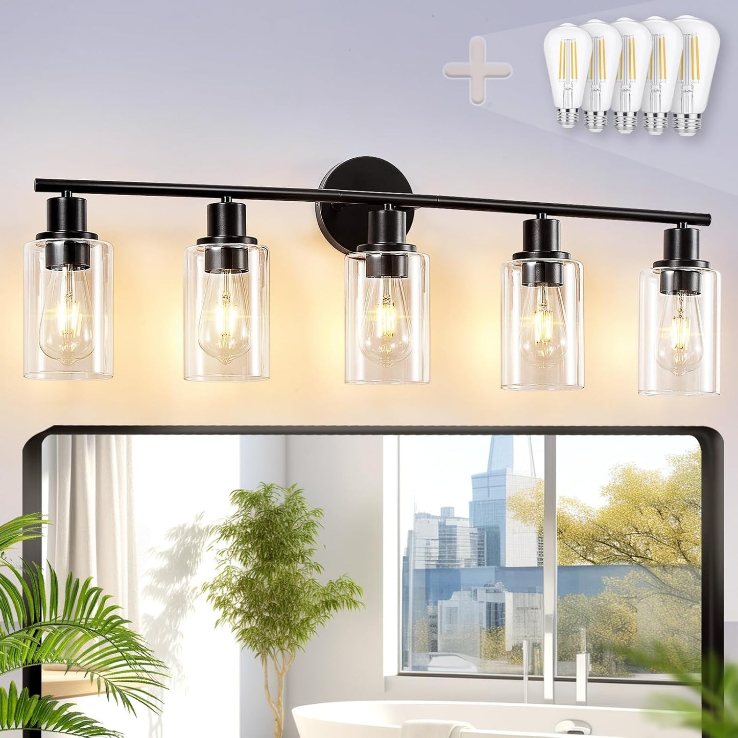 DLLT 3-Light Bathroom Light Fixtures: Black Modern Vanity Lights with 3 E26 Bulbs Base - Clear Glass Shade Bathroom Wall Lamp for Mirror Kitchen Living Room - 2 Packs