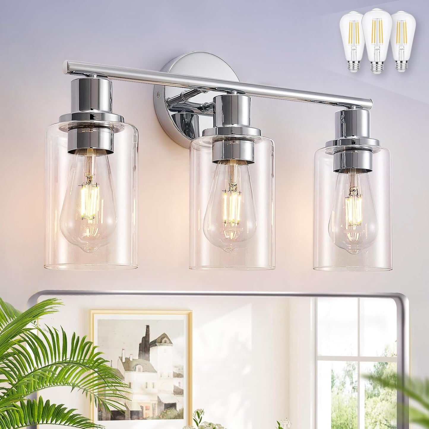 DLLT 3-Light Bathroom Light Fixtures: Black Modern Vanity Lights with 3 E26 Bulbs Base - Clear Glass Shade Bathroom Wall Lamp for Mirror Kitchen Living Room - 2 Packs