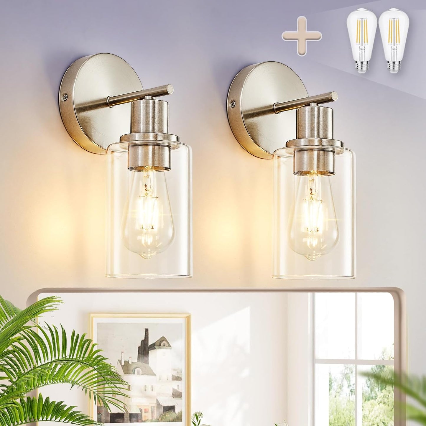 DLLT 3-Light Bathroom Light Fixtures: Black Modern Vanity Lights with 3 E26 Bulbs Base - Clear Glass Shade Bathroom Wall Lamp for Mirror Kitchen Living Room - 2 Packs