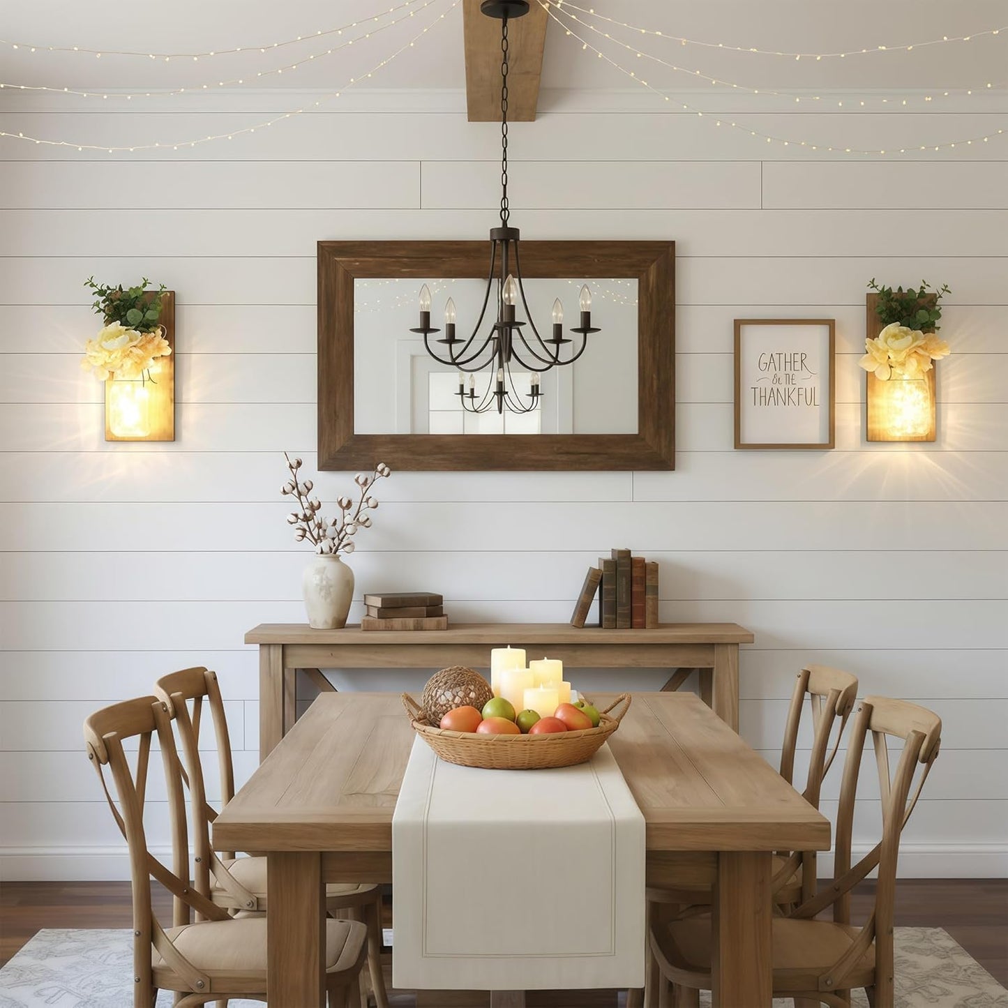 Besuerte Farmhouse Wall Decor for Living Room Rustic Mason Jar Wall Sconces Set of 2 for Home Living Room Bedroom Decorations with Rose Bouquet Flowers and Remote LED Fairy Lights (Large Jacobean)