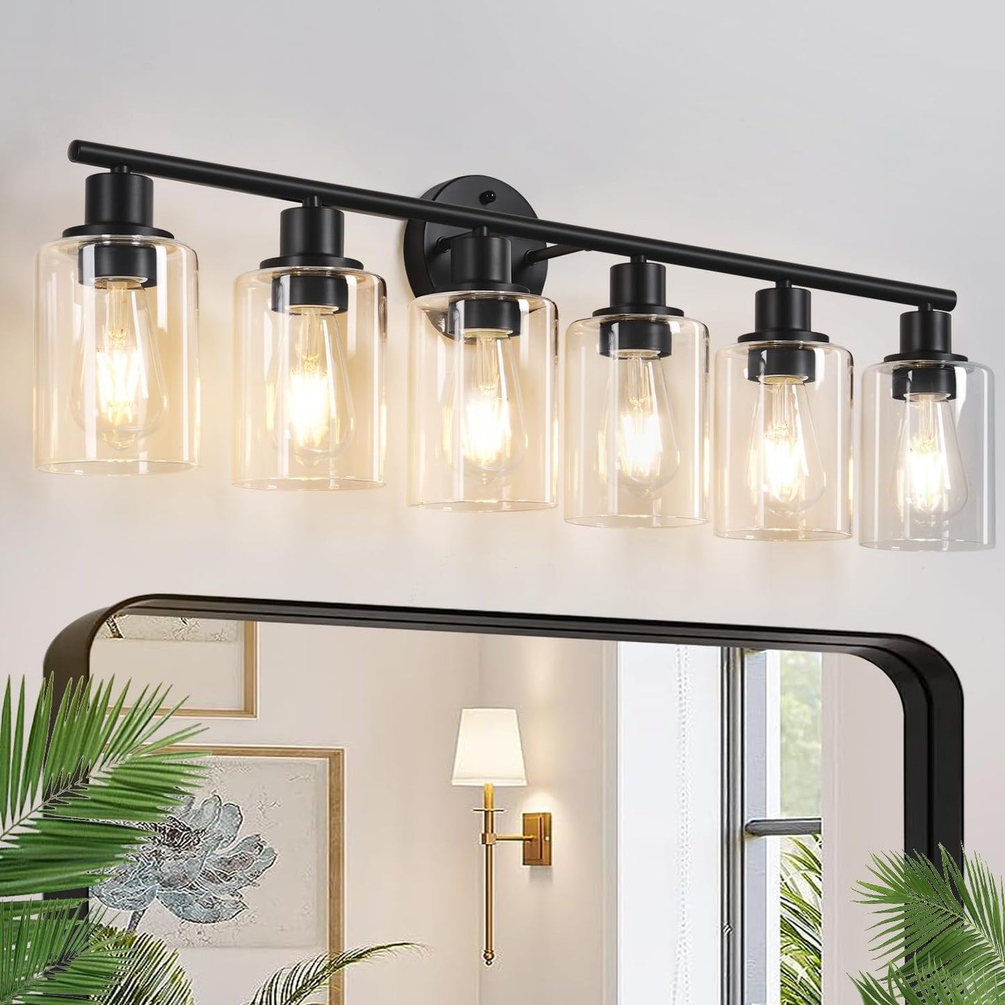 3-Light Bathroom Light Fixtures, 17.23" Black Modern Vanity Lights with Clear Glass Shade, Bathroom Wall Lamp for Mirror Kitchen Living Room Hallway Cabinet Porch