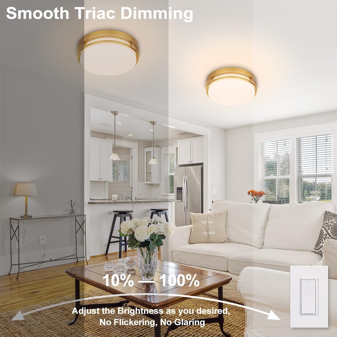 2Pack LED Flush Mount Ceiling Light Fixture 13" 20W, 3000/4000/5000K Color Selectable, Dimmable Ceiling Lamp for Kitchen, Hallway, Stairwell, Gold, ETL