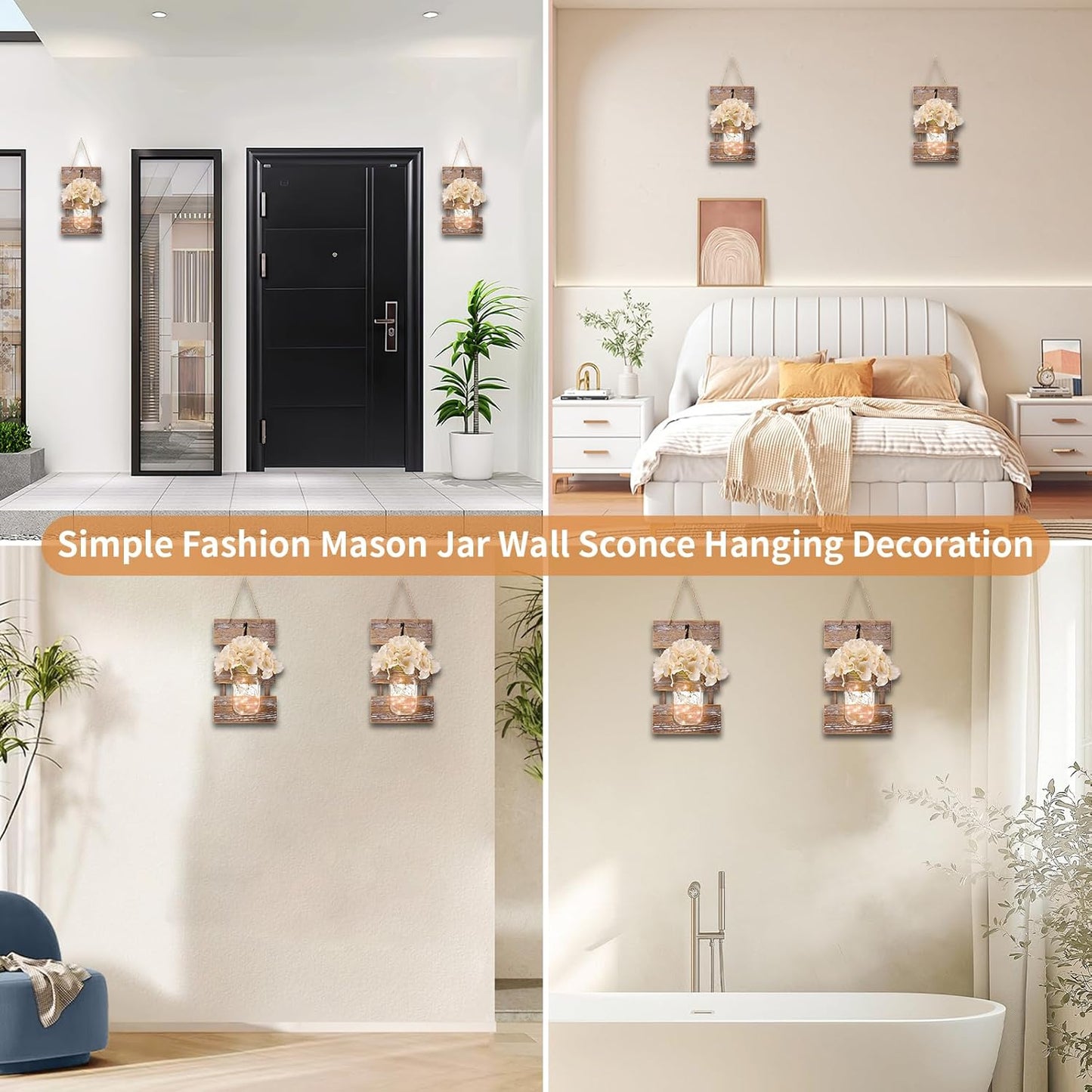 Wall Sconce Decor 2pcs, Mason Jar Wall Sconce Farmhouse Home Decor with 9.8FT LED Fairy Lights 4Flowers, Modern Art Living Room Bedroom Bathroom Decorative Hanging Yellow