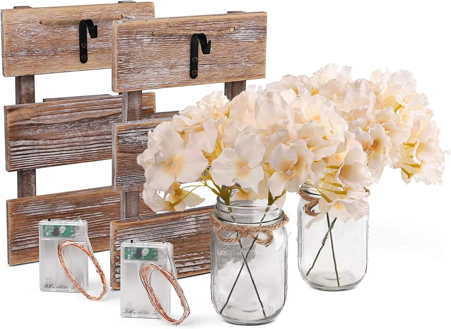 Wall Sconce Decor 2pcs, Mason Jar Wall Sconce Farmhouse Home Decor with 9.8FT LED Fairy Lights 4Flowers, Modern Art Living Room Bedroom Bathroom Decorative Hanging Yellow