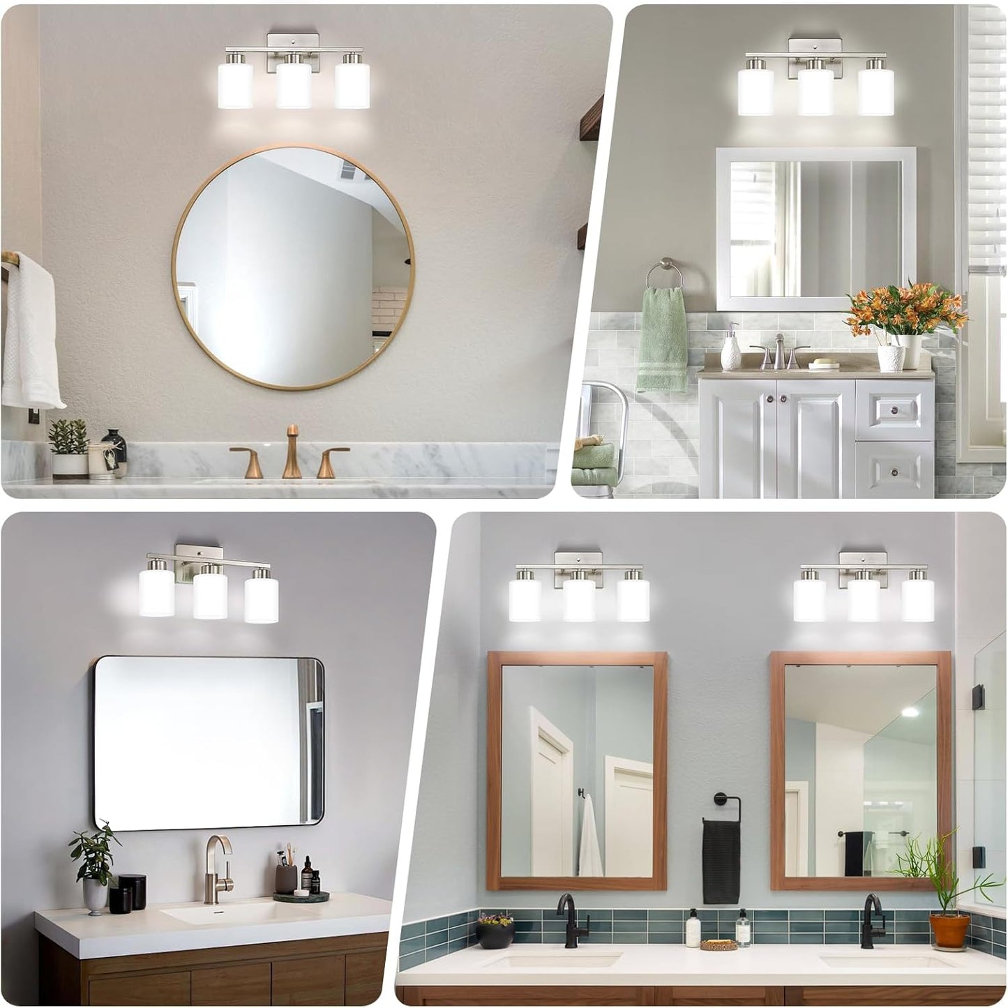 Brushed Nickel Bathroom Light Fixtures, 3-Light Modern Vanity Light Over Mirror, Wall Sconces with Milky White Frosted Glass Shades, E26 Socket (Bulbs Not Included)